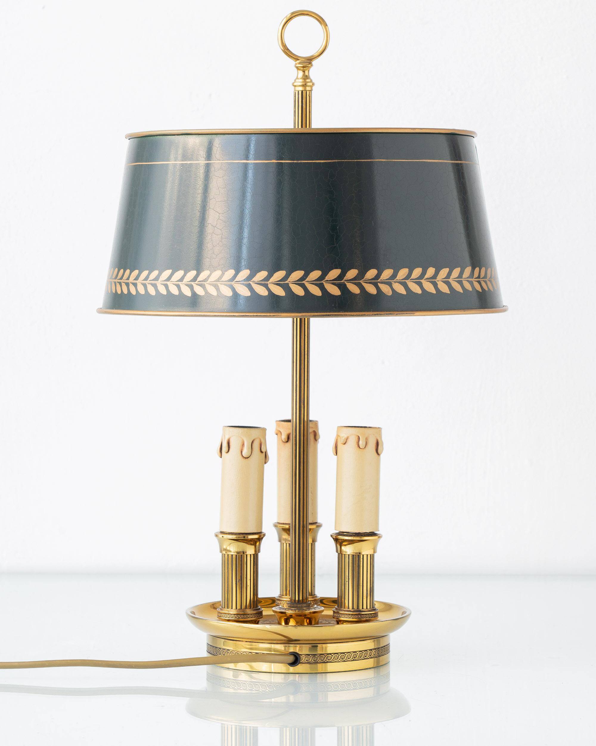 French Empire Bouillotte Lamp with Three Lights in Brass and a Gold-Plated Tin Shade with Laurel Design