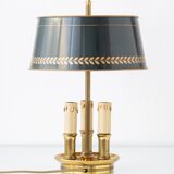 French Empire Bouillotte Lamp with Three Lights in Brass and a Gold-Plated Tin Shade with Laurel Design