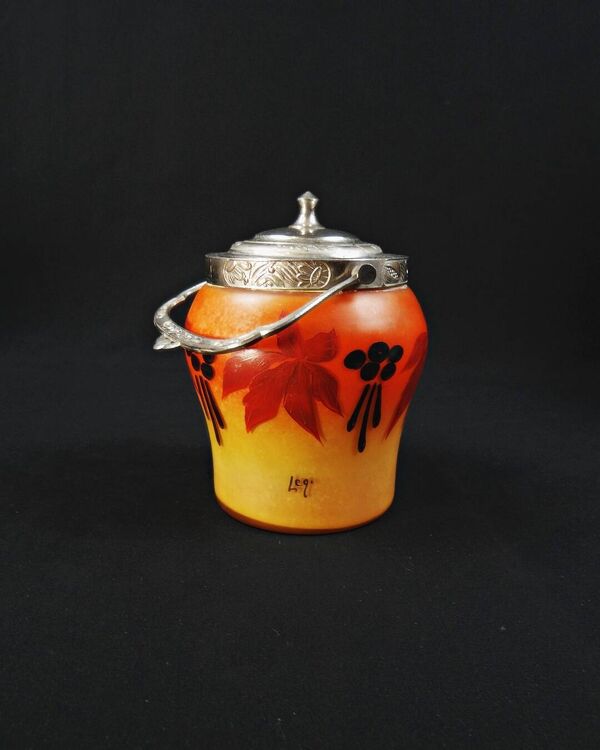 Seau à biscuit en verre émaillé & peint Legras-Montjoye période Art Déco