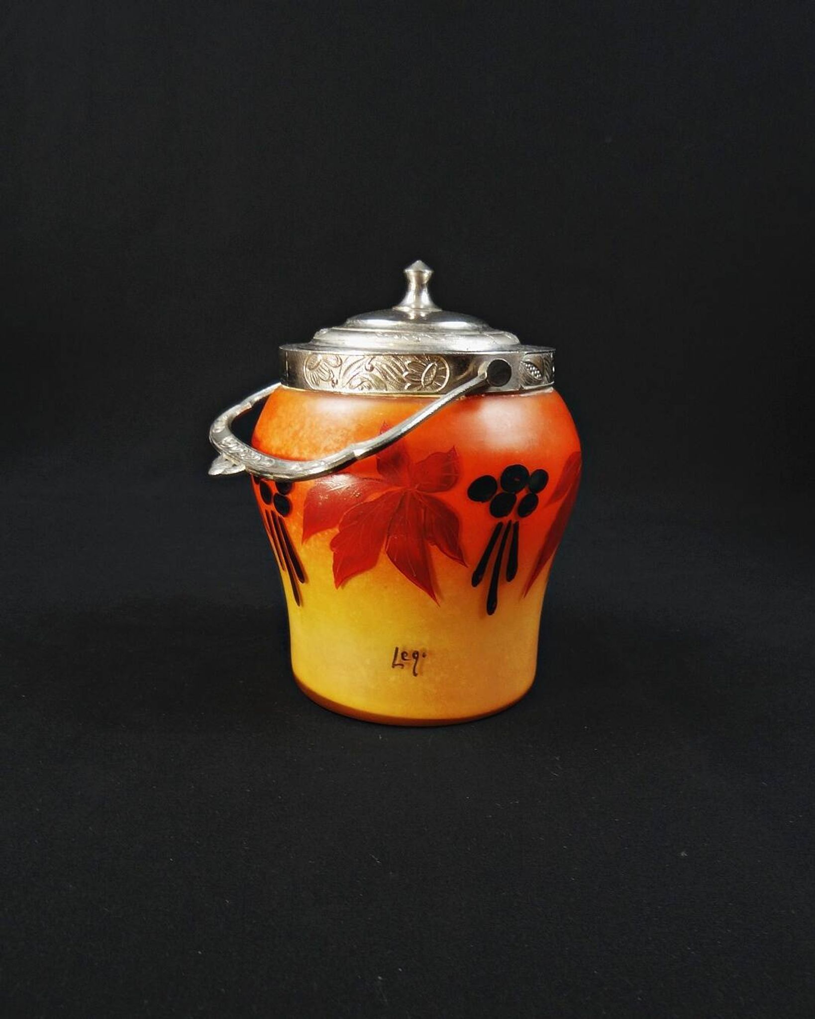 Legras-Montjoye enameled & painted glass biscuit bucket, Art Deco period