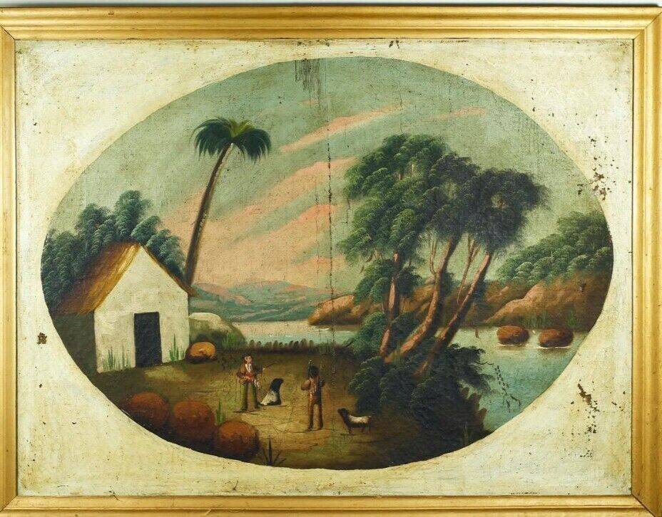 Peinture à l'huile ancienne Paysage avec bord de rivière animé, Italie 19ème siècle.