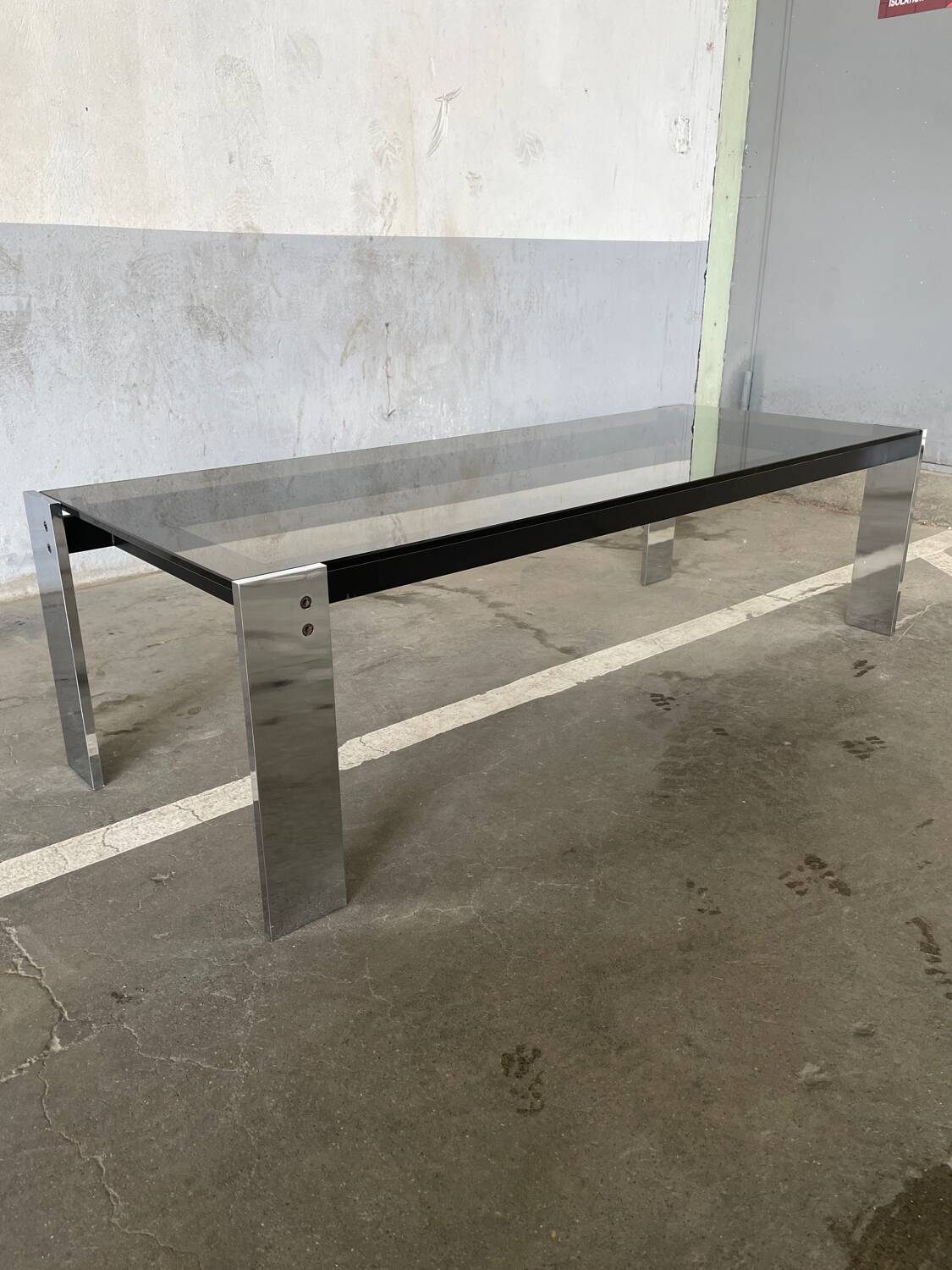 Chrome-plated steel coffee table with tempered smoked glass top