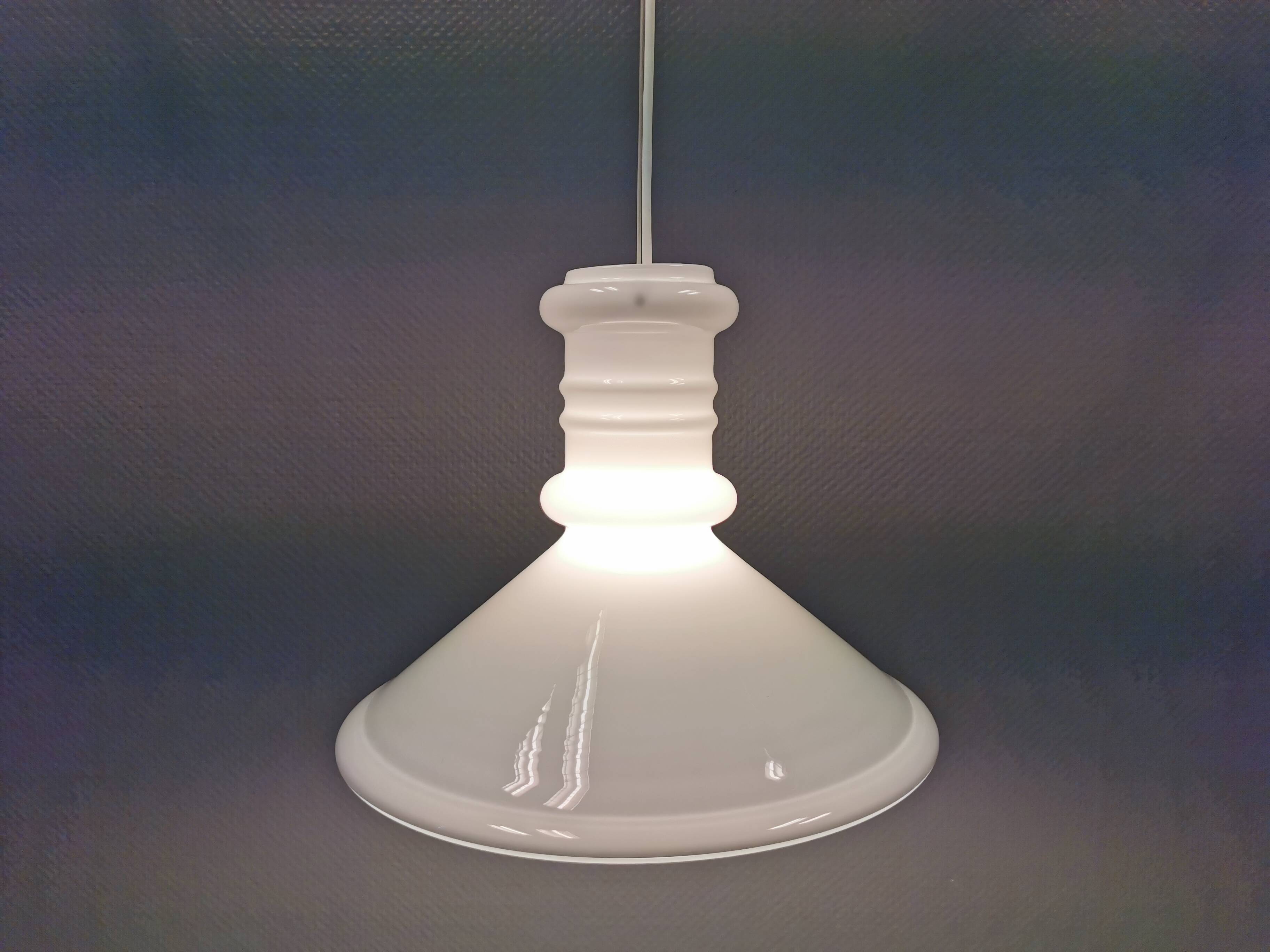 Royal Copenhan hanging lamp in double layer white opal glass. 1980s Denmark.