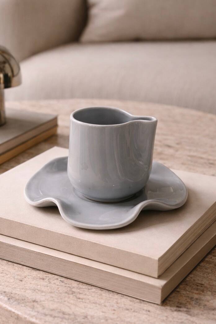 Set tasse & soucoupe ondulée céramique - bleu gris