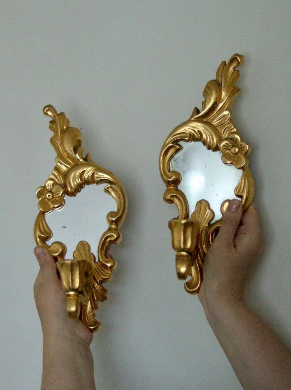 Pair of vintage brass wall lights with mirror