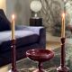 Candlesticks and bowl in speckled ceramic.