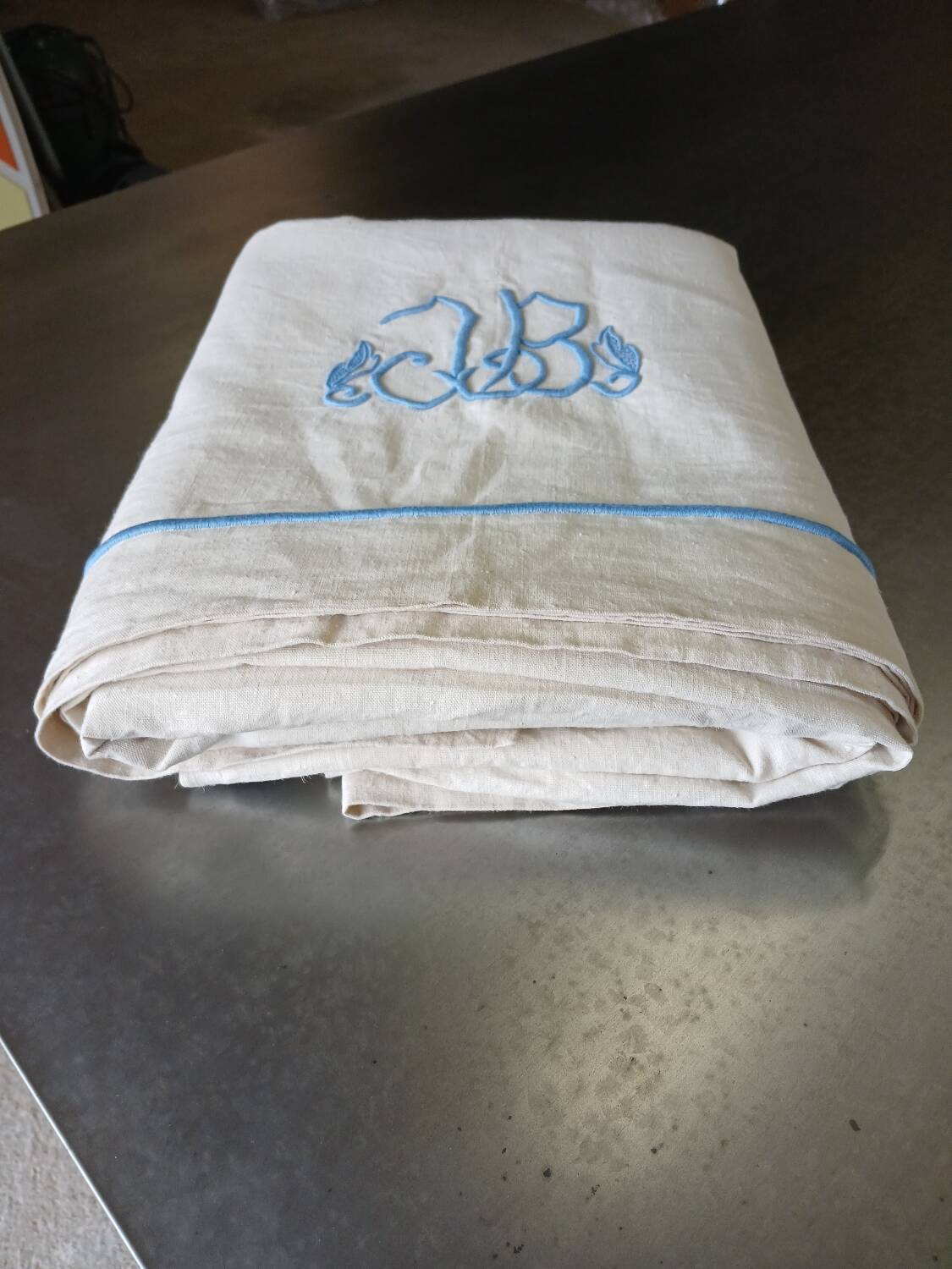 Antique linen sheet with JB embroidery