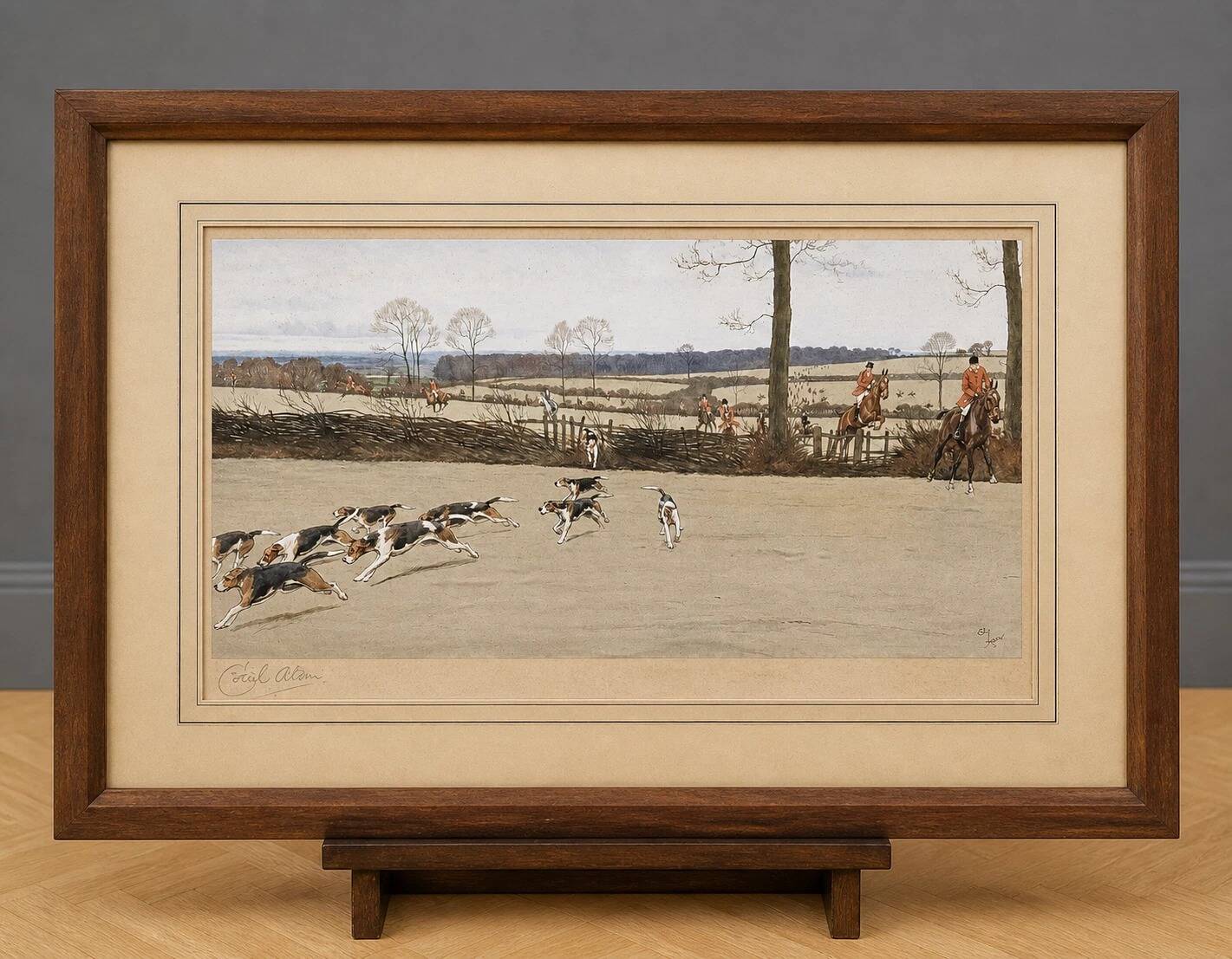 Hunting scene, watercolour engraving on paper signed by Cecil.