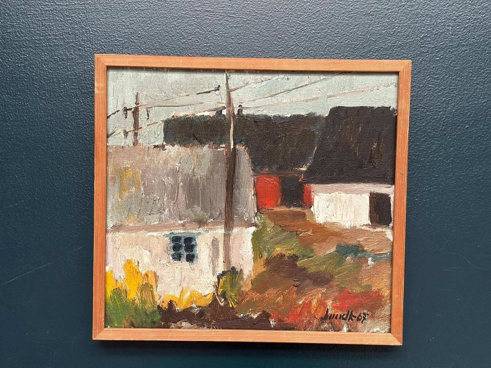 huile sur toile suédoise du milieu du siècle – « Parmi les maisons » par Karl Bertil Lundh – 1967 – Vintage et encadrée