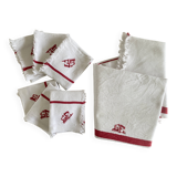 Lot de nappe ancienne et 6 serviettes  brodés SE - 140x125cm - coton