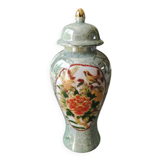 Vase à couvercle chinois/pot thé, à gingembre en porcelaine. décor motifs floraux/oiseaux paradis. haut 30 cm