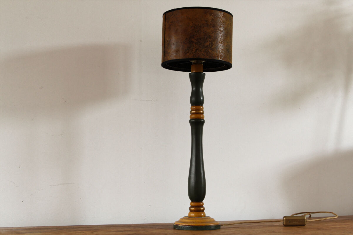 Turned wooden lamp, green and gold