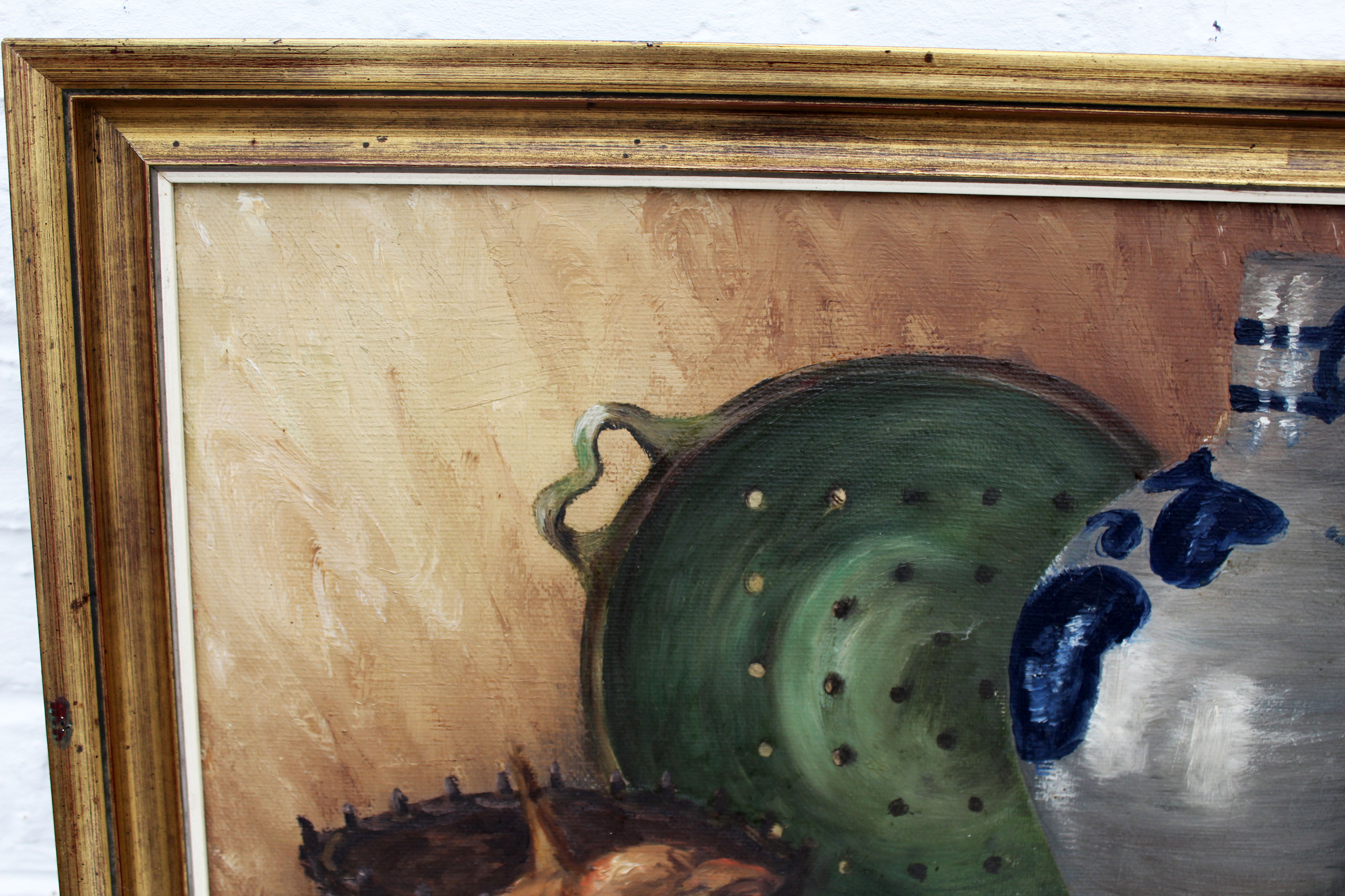 Vintage oil painting on canvas and gold gilded wood frame, still life