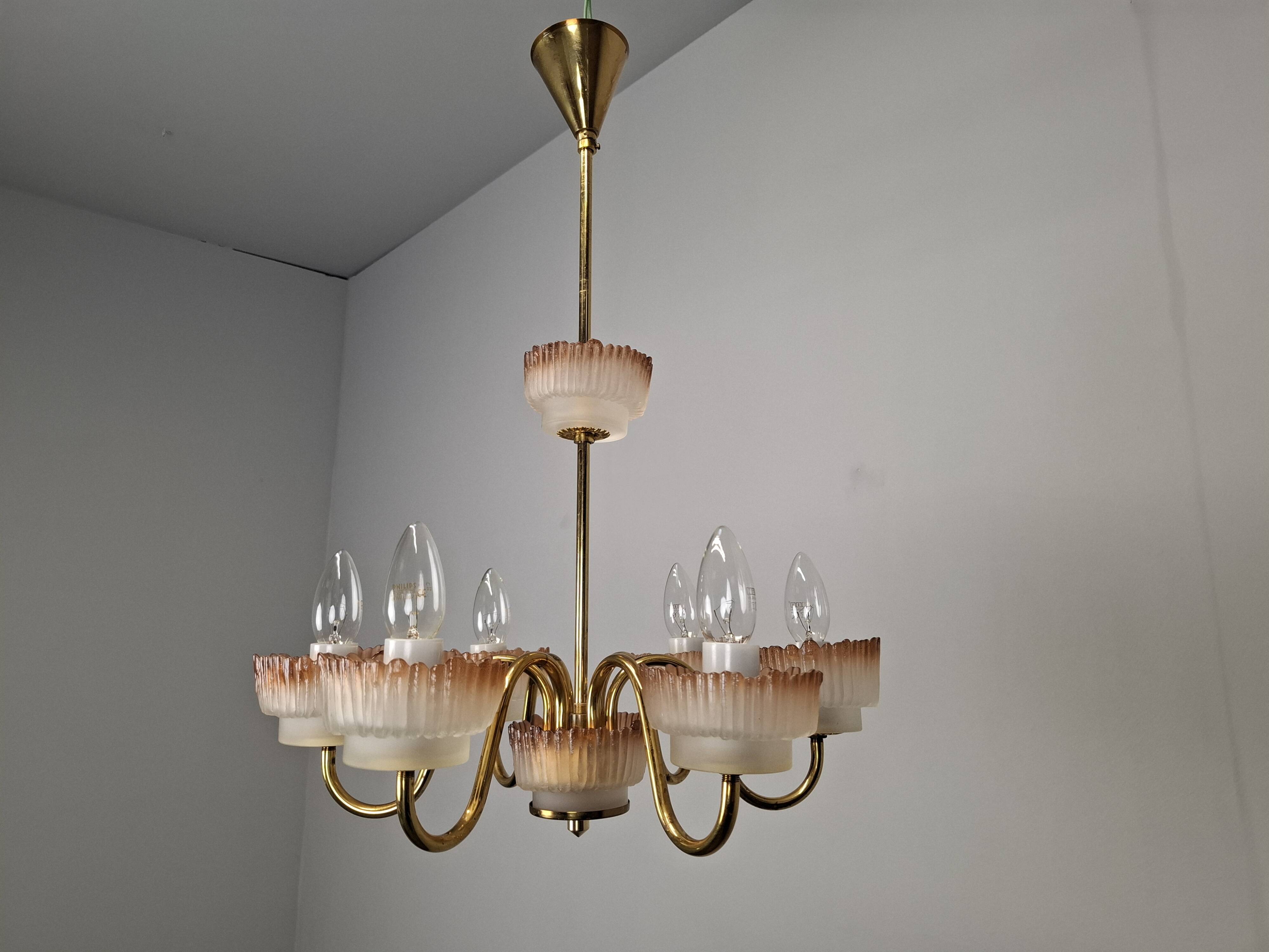 1960s Czech Mid-Century Brass and Železný Brod Frosted Glass Six-Arm Chandelier