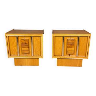 Pair of bedside tables in oak, rosewood and chrome 1970s