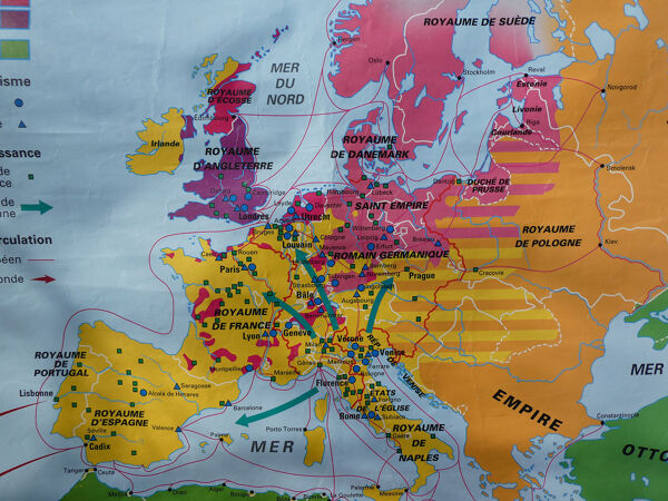 Ancienne carte MDI scolaire ''Le monde à la fin du XVI° siècle