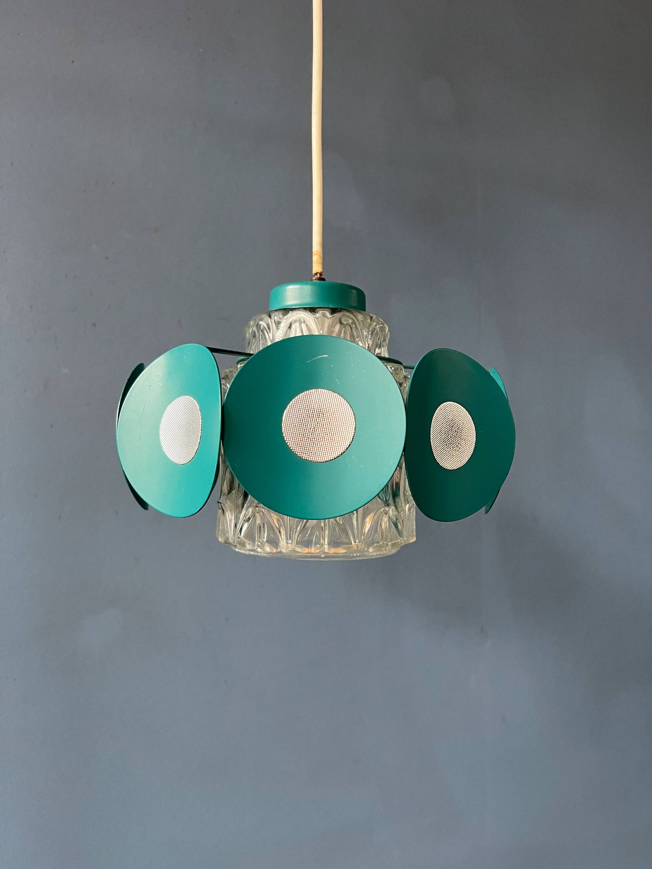 Suspension Space Age with glass shade and green/blue metal structure.