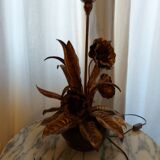 Large lamp, bouquet of vintage anemone flowers, gold metal, Hans Kogl