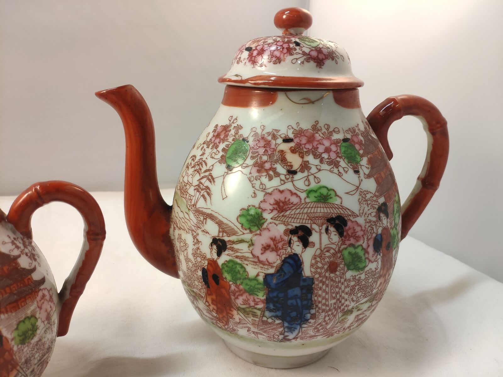 Service à Café Japonais Vintage En Porcelaine Fine - 2 Tasses + 6 Soucoupes Dorées