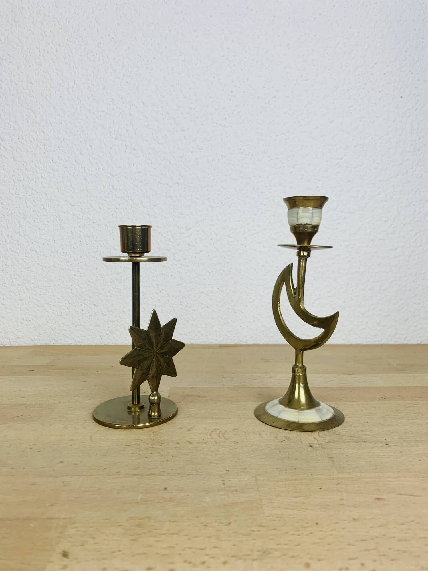Pair of mother-of-pearl brass candlesticks with moon and sun