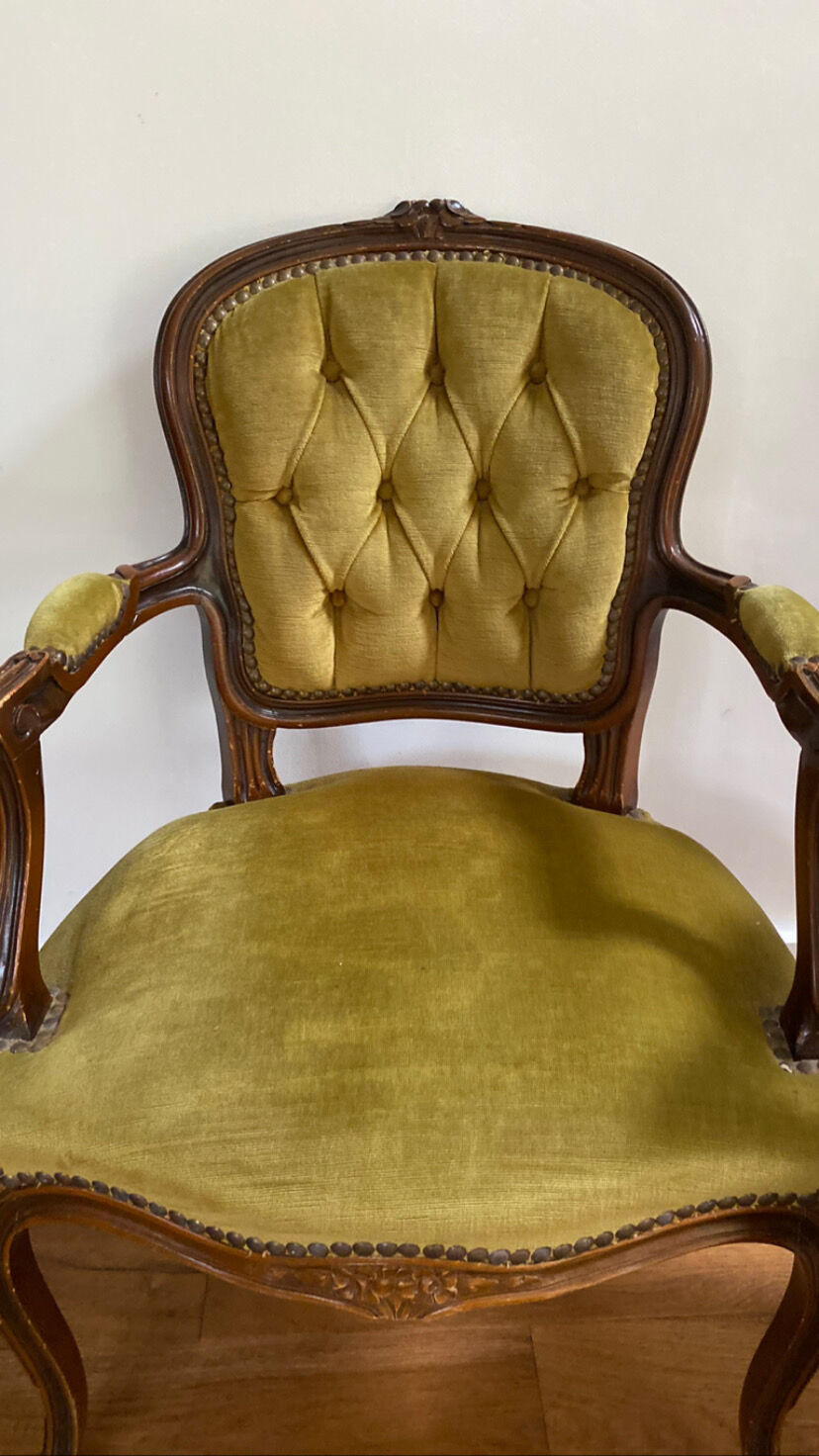 Cabriolets or Bergère armchairs Louis XV style in light green upholstered velvet