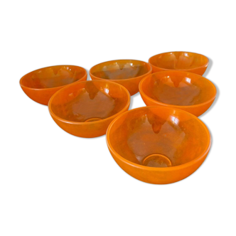 Vintage set of 6 small bowls or cups in slightly bubbled orange glass