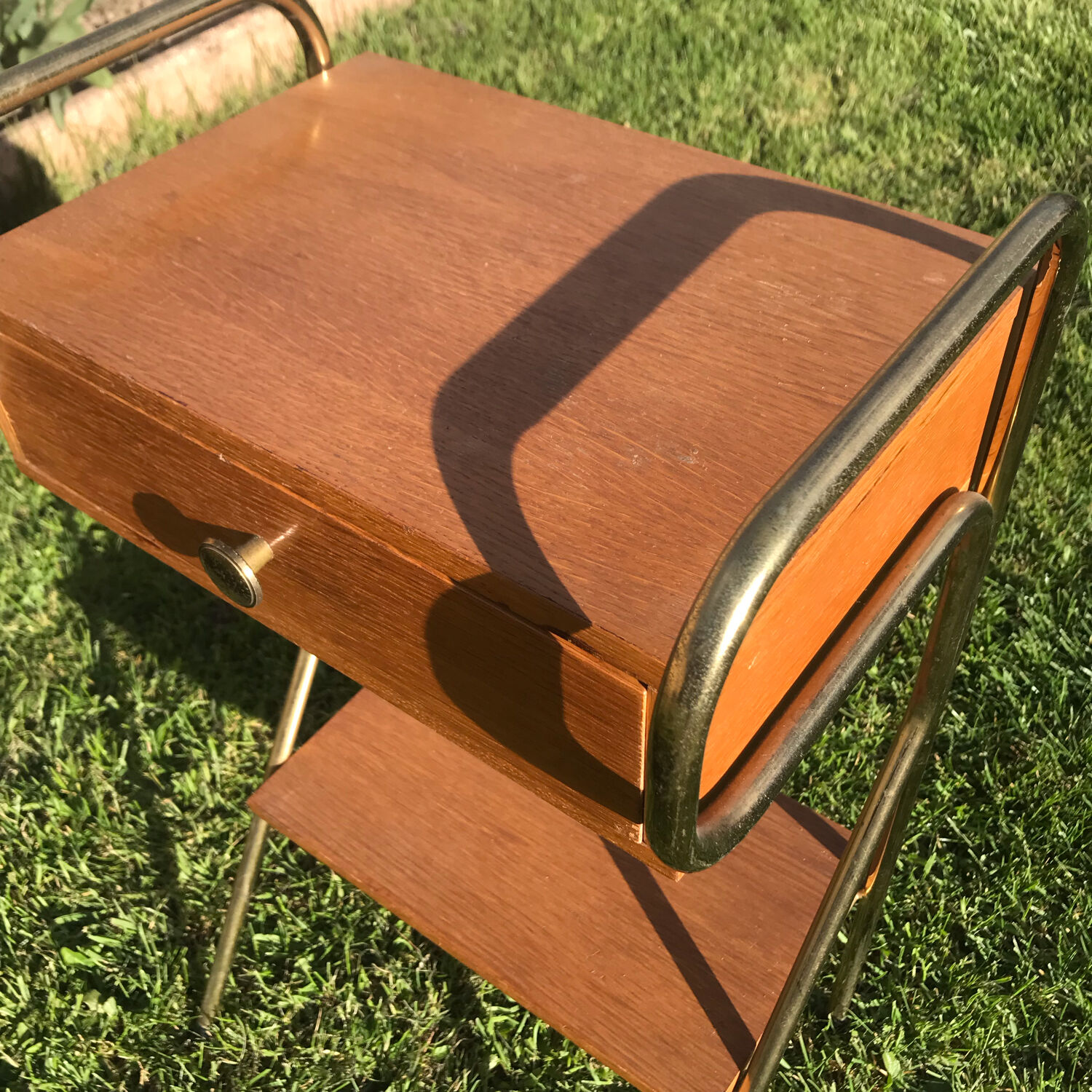 Vintage bedside table 1960 oak and brass