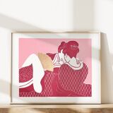 Original linocut, erotic Japanese print