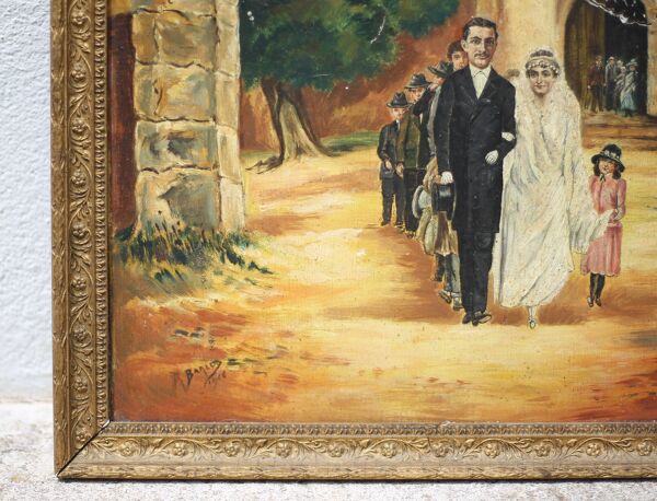 Peinture signée, peinture mariage dans village , grande peinture encadrée