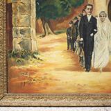 Signed painting, wedding painting in village, large framed painting