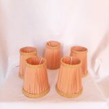 5 lampshades with clips for chandelier, 60s, pleated taffetas peach and golden trimmings