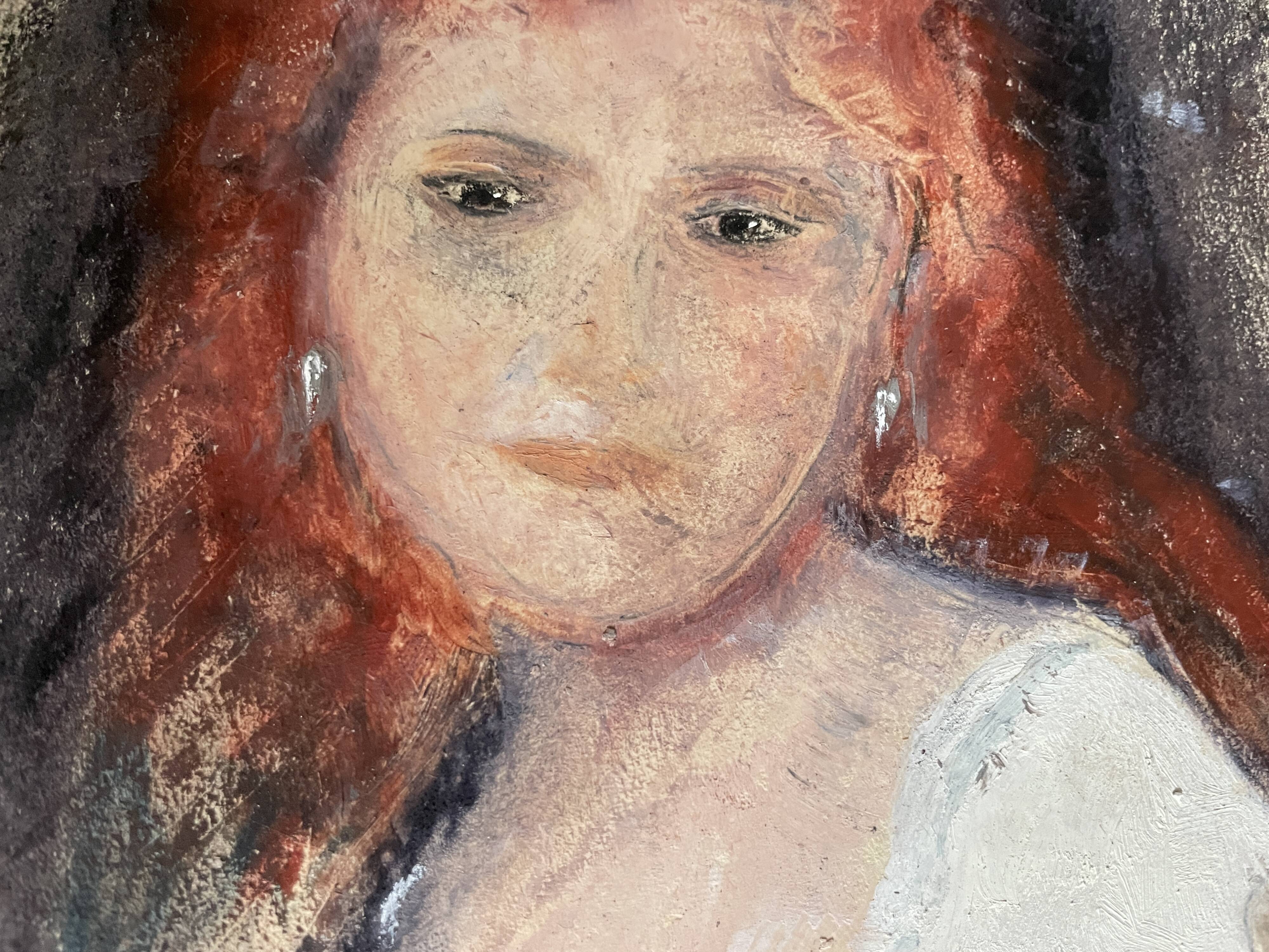 Tableau pastel signé portrait femme rousse
