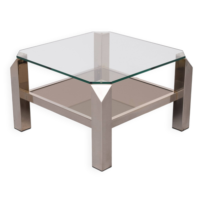 Table basse carrée en chrome et verre du milieu du siècle par Belgo chrome, années 1970