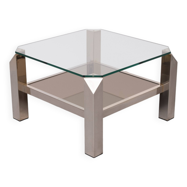 Table basse carrée en chrome et verre du milieu du siècle par Belgo chrome, années 1970