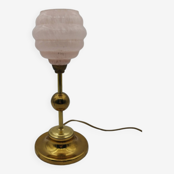 art deco brass lamp and pink clichy globe
