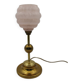 art deco brass lamp and pink clichy globe