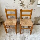 Pair of straw and pine chairs, mountain furniture