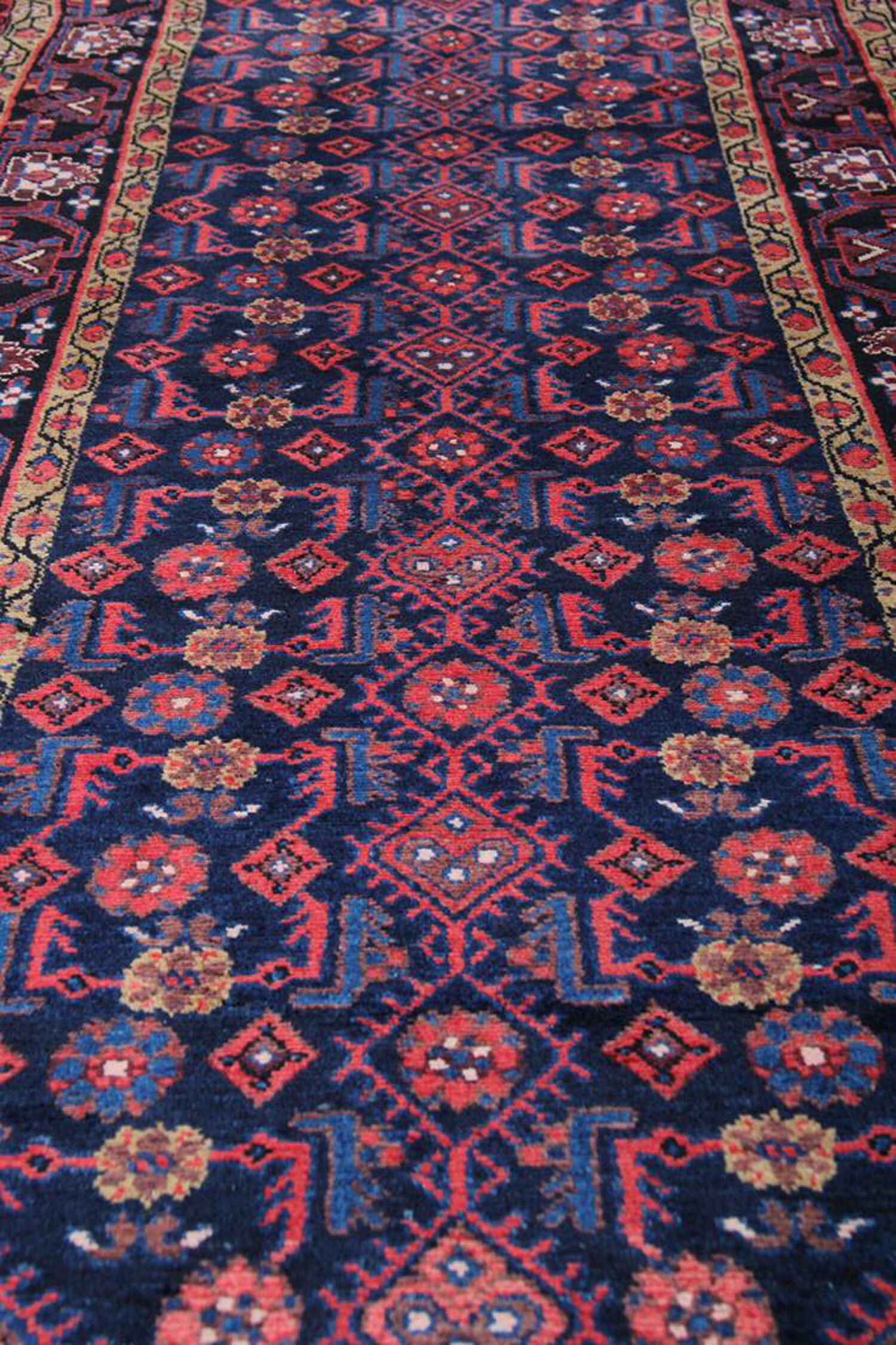 Long Vintage Persian Hamadan Rug, Traditional Oriental Blue Wool Runner 117x425cm