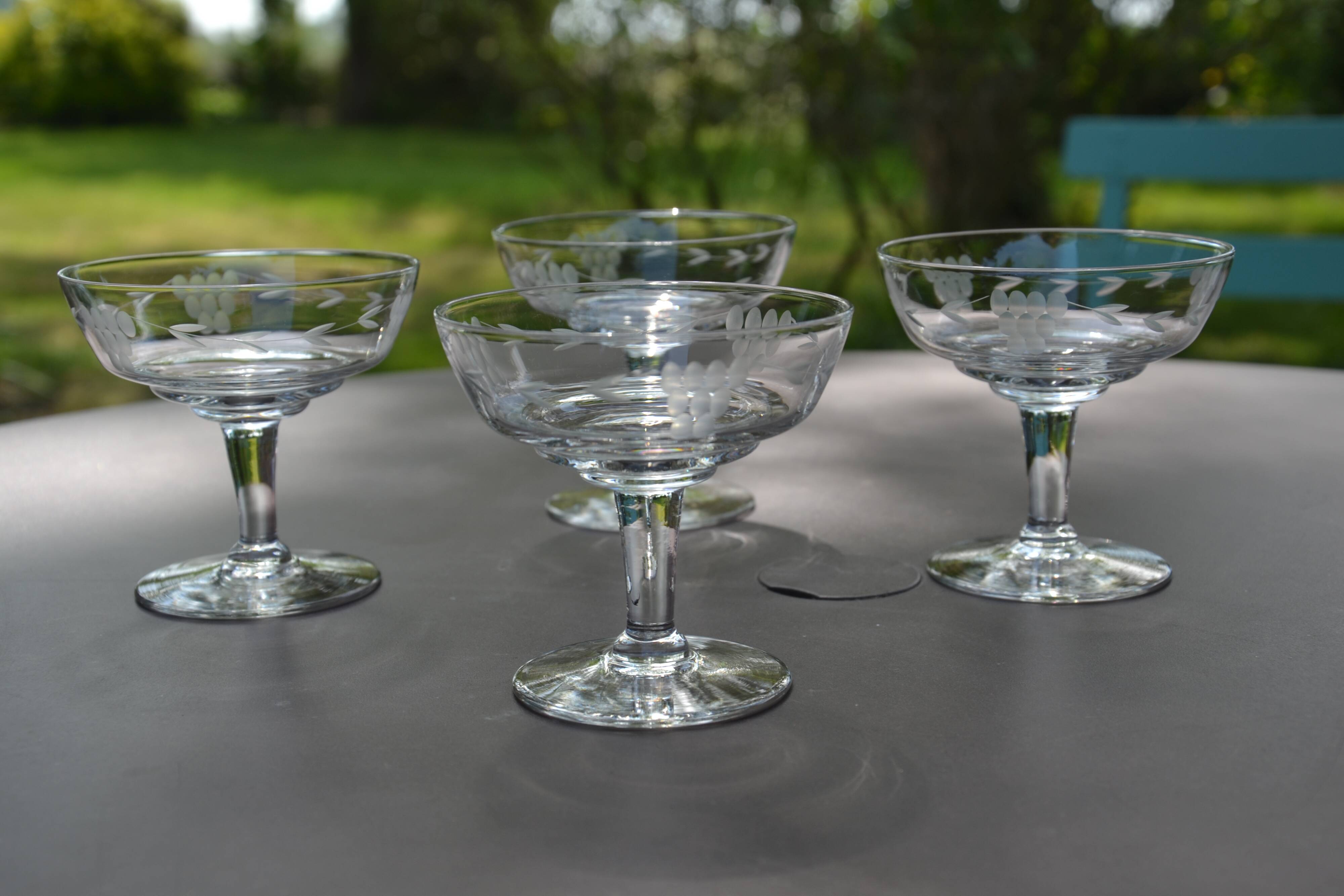 4 original antique champagne glasses in Belgian engraved glass