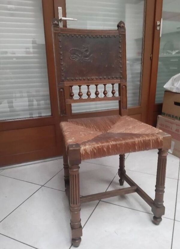 Henri II chaise cuir et paille TBE