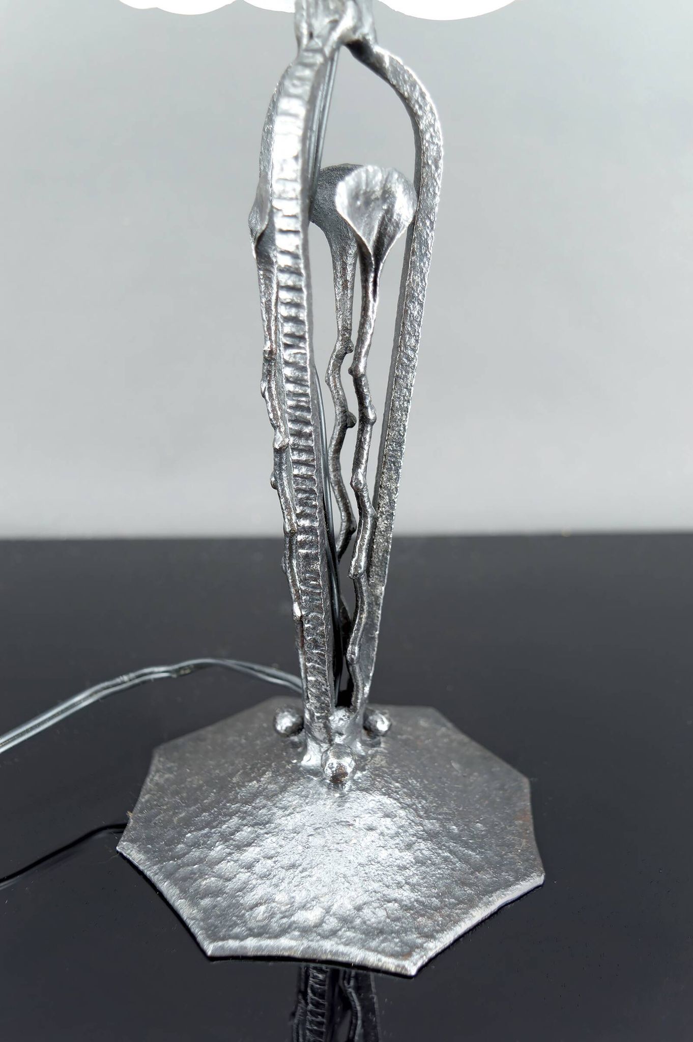 Art Deco Wrought Iron Lamp, Floral Tulip signed Degué, France, c. 1930