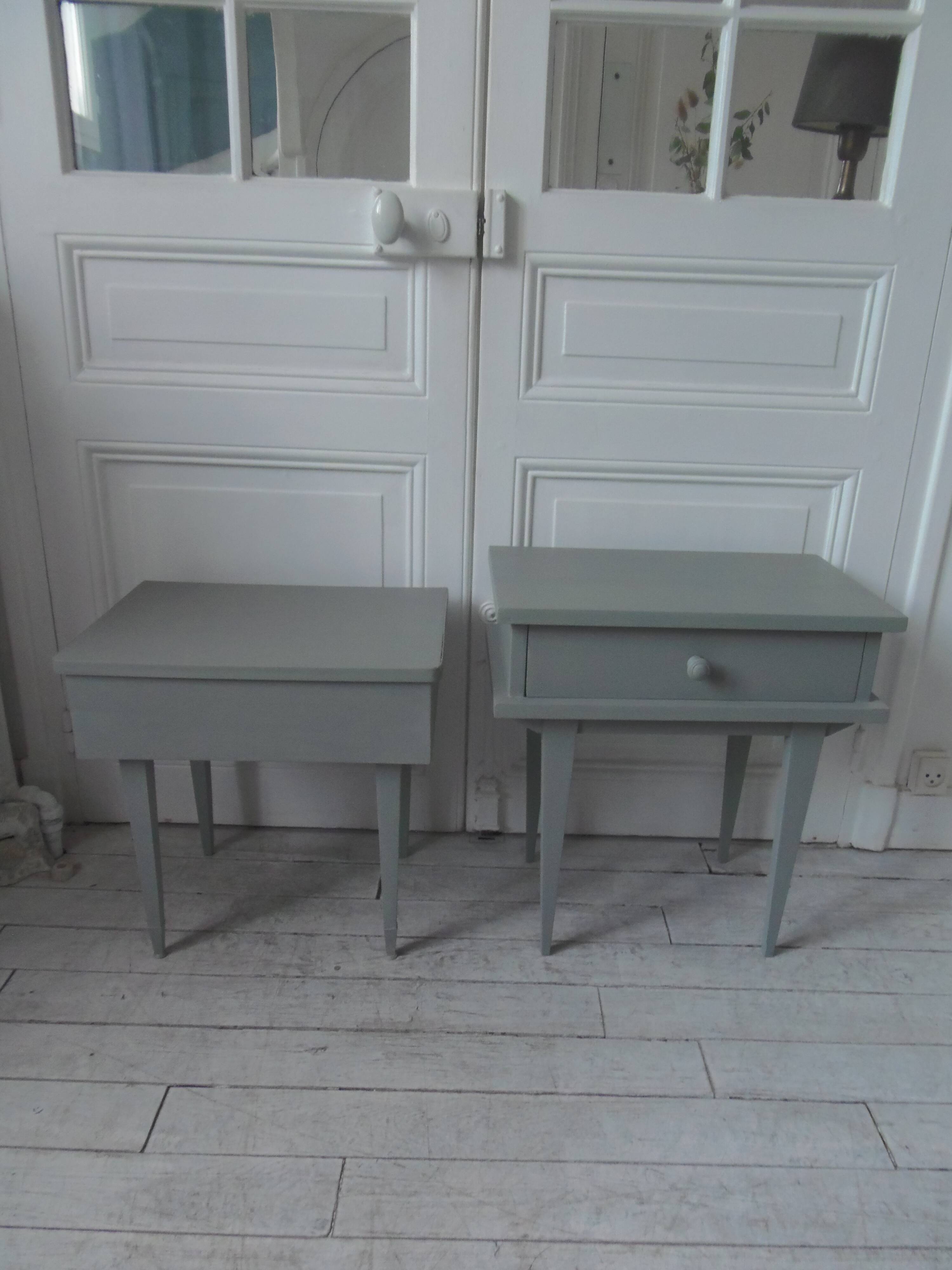 Duo of bedside tables, vintage mismatched verdigris end tables.