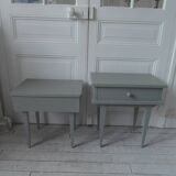 Duo of bedside tables, vintage mismatched verdigris end tables.