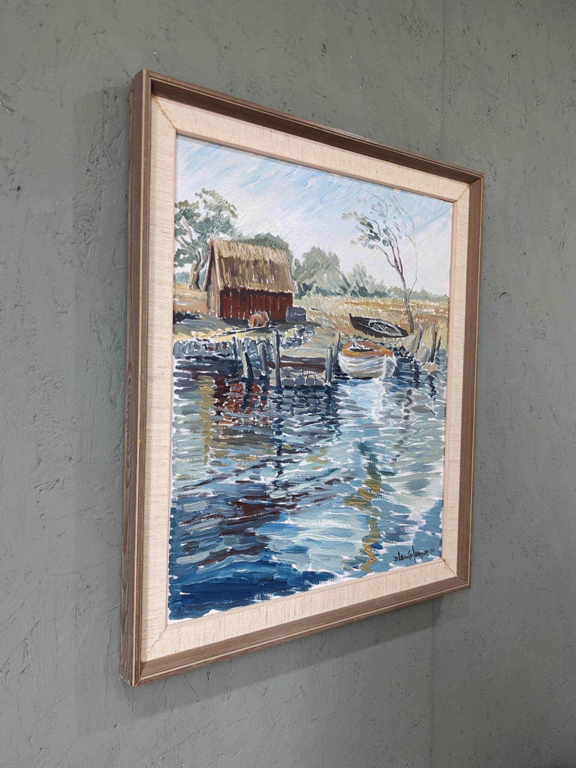 1971 Mid-Century Modern "Boathouse", Vintage Swedish Framed Oil Painting