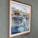 1971 Mid-Century Modern "Boathouse", Vintage Swedish Framed Oil Painting