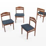 Set of 4 vintage dining chairs in teak and blue fabric