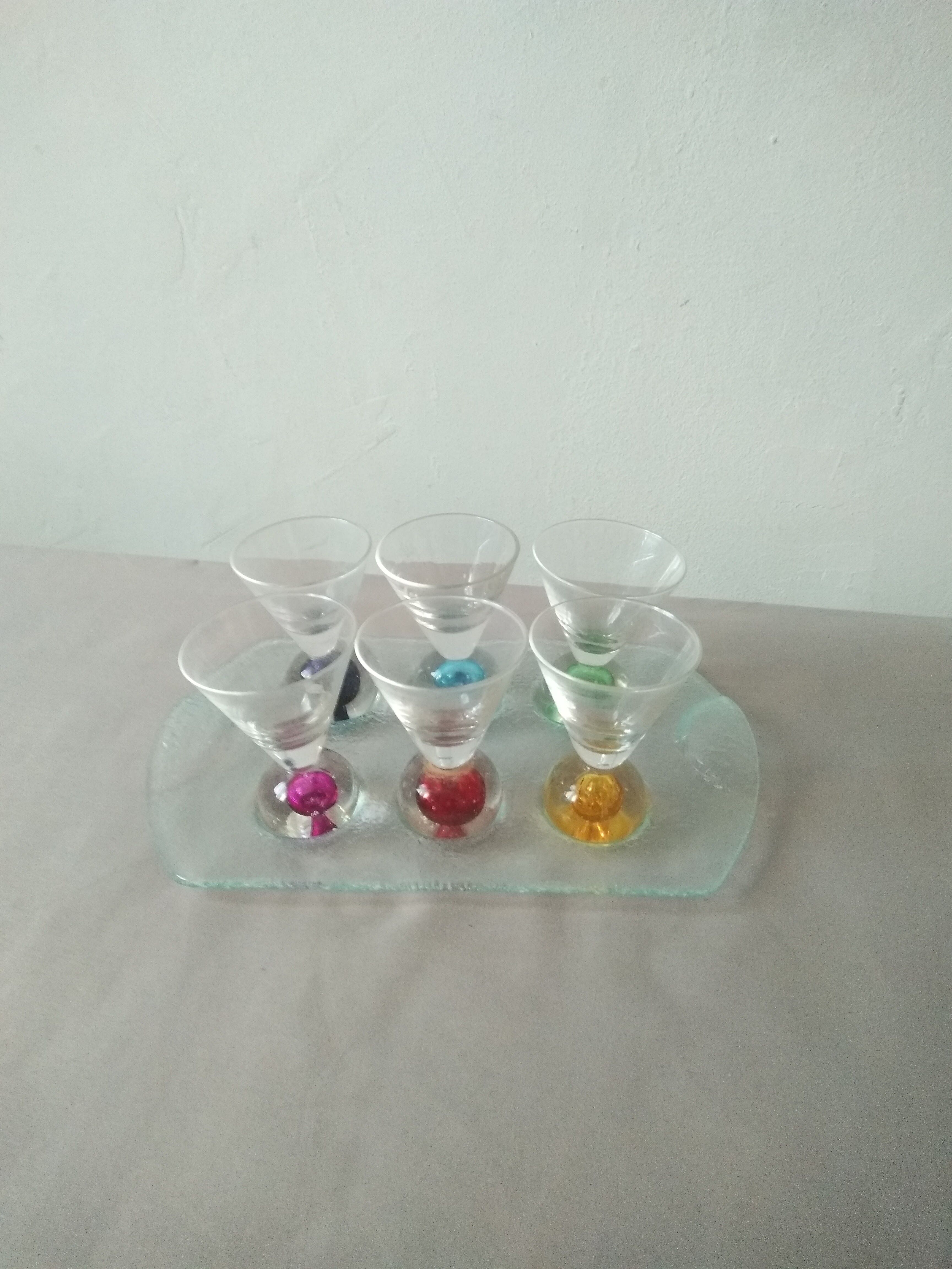 Box 6 liqueur glasses, colored ball base + serving tray, new