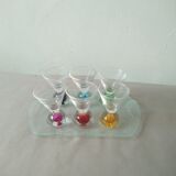 Box 6 liqueur glasses, colored ball base + serving tray, new