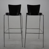 Midcentury chrome and wood bar stools by Ton, Czechoslovakia, 1980s
