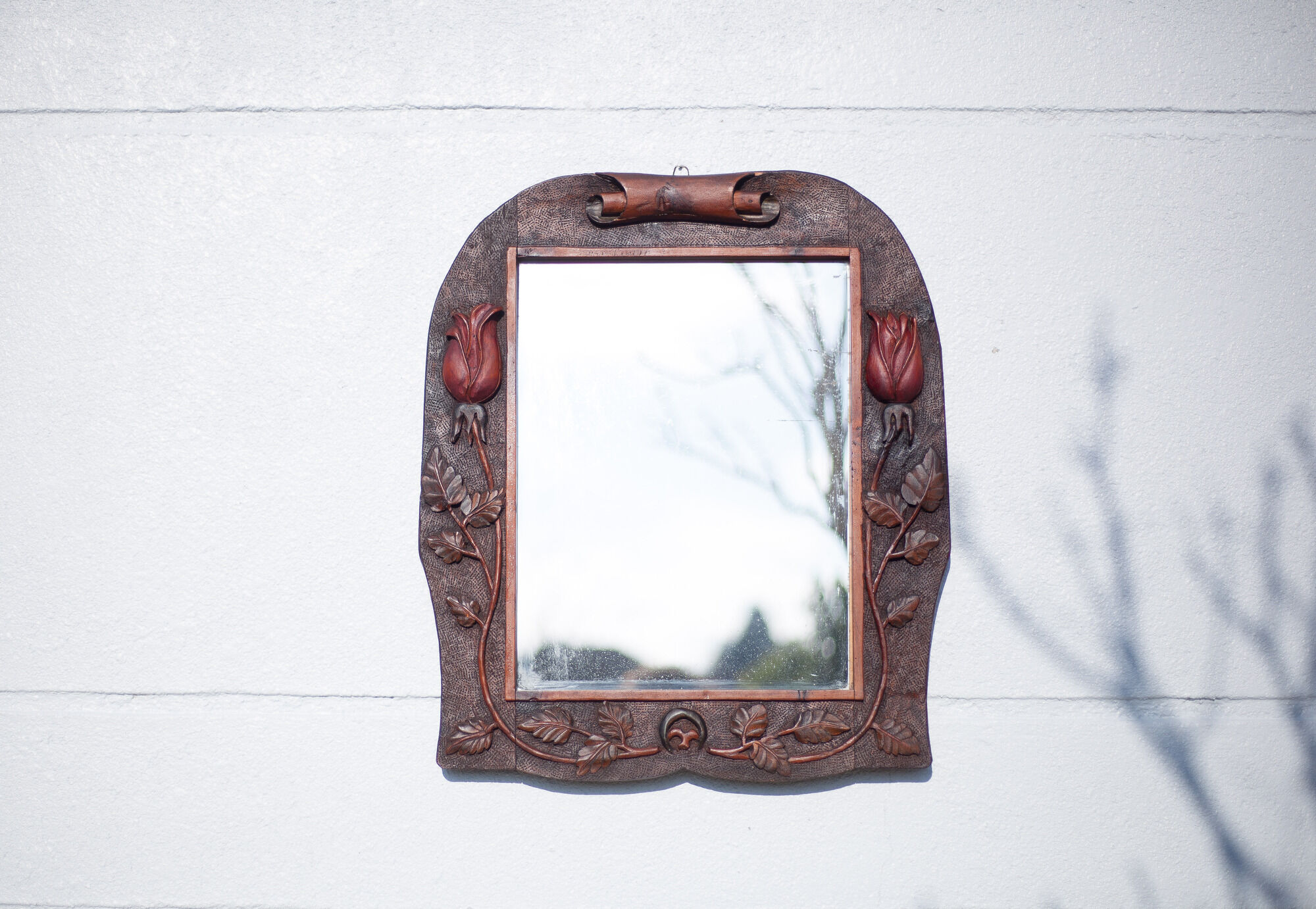 Antique wood mirror, art deco mirror, carved wood mirror tulip patterns, wall mirror, art deco